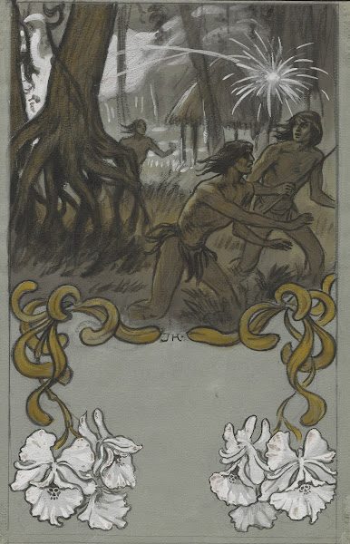 Natives fleeing gunfire near a large mangrove tree 20th century