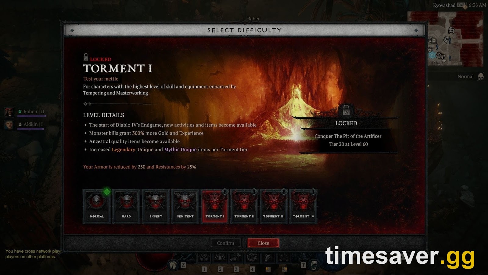 Diablo 4 difficulty selection screen showing the Torment tier ladder