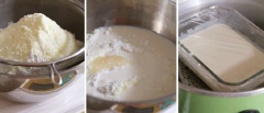 Chuẩn bị phần nhân 1: cho 200g bột gạo, 50g bột năng, 40 bột khoai tây, 150g đường, 40g sữa bột vào âu trộn đều. Sau đó thêm 450ml sữa tươi, 70g bơ nhạt vào trộn lên cho thật đều. Cho hỗn hợp vào khay thủy tinh và đem hấp 30 - 35 phút. Khi nhân đã chín thì lấy ra, để nguội và nhào thành khối tròn.