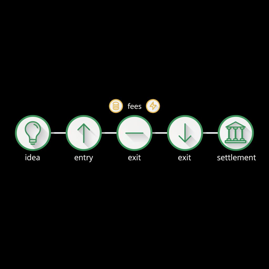 Minimalist 2D vector infographic of trade lifecycle idea entry exit settlement with icons for fees and slippage designed for trading beginners