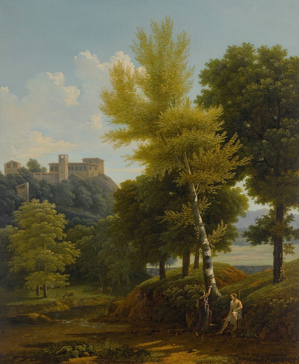 View of a brook in the countryside a castle in the hillside above with Pâris and