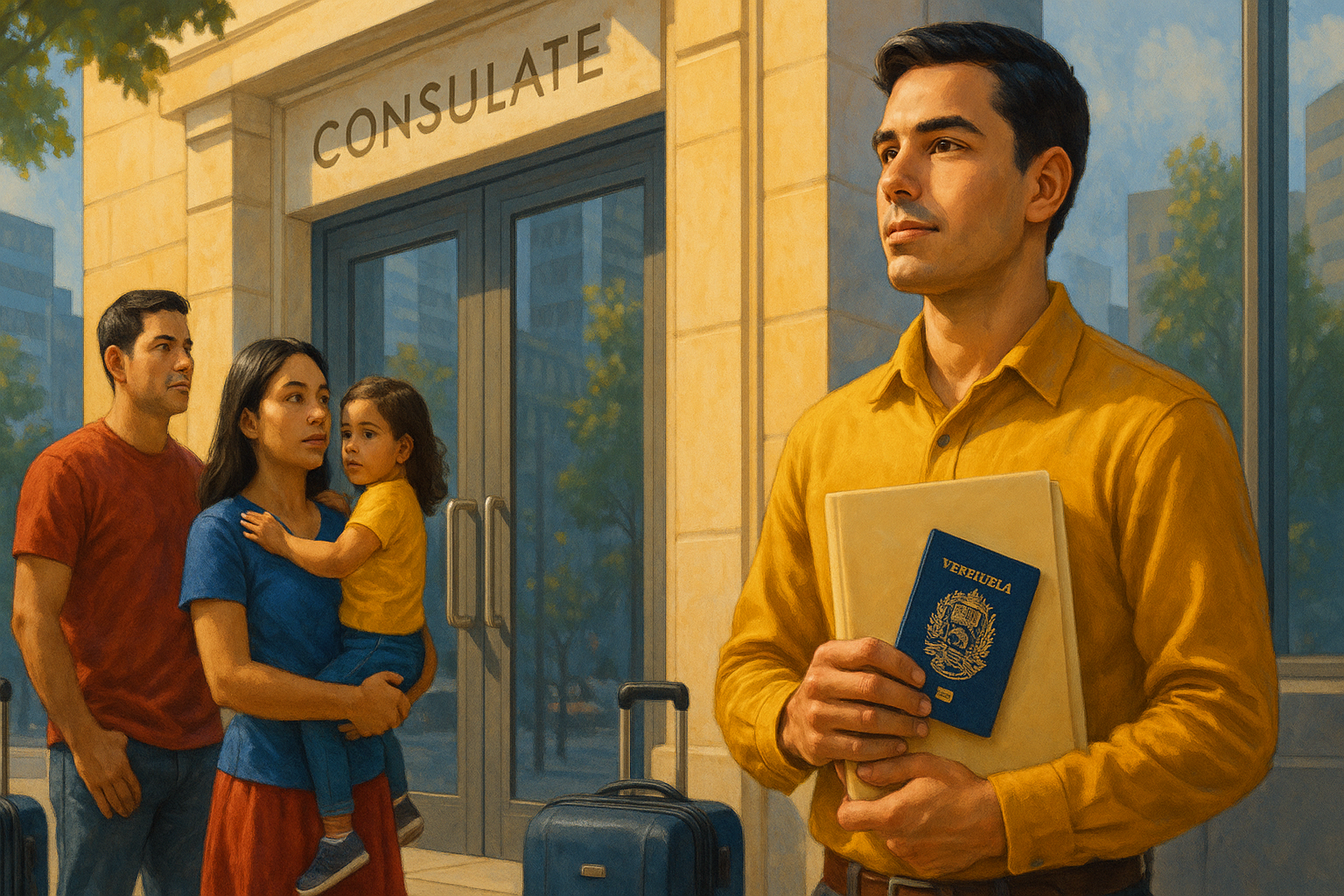 Venezolanos en consulado con documentos y maletas, pasaporte y cita, comunidad migrante