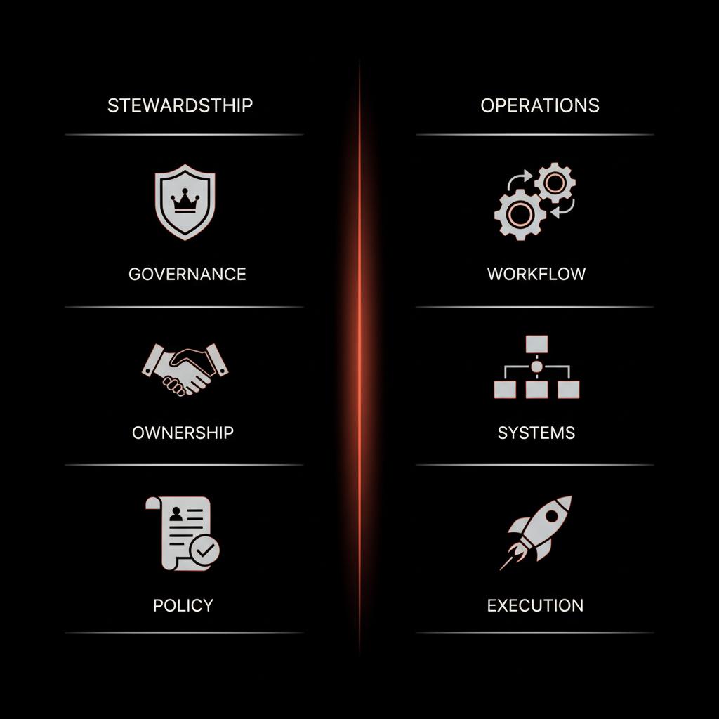 Minimal two-column infographic showing Stewardship and Operations with simple vector icons on black background using Social Success Hub brand colors; for article who owns Signal.