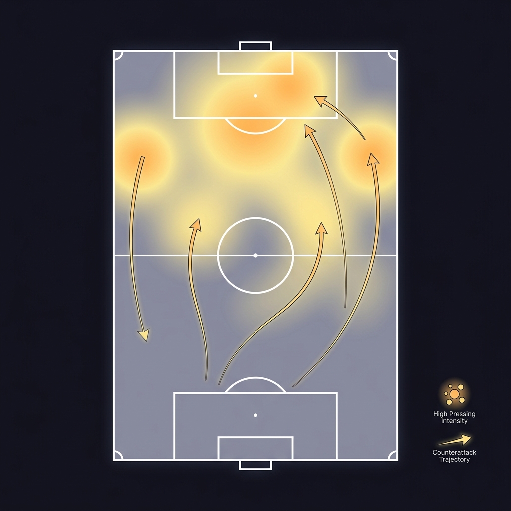 Why Style Matchups Matter More Than Records heatmap top down soccer pitch showing one team high pressing intensity and open spaces exploited by counterattacks minimal clean brand colored visualization