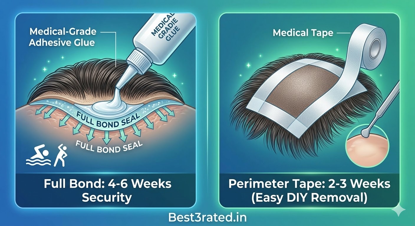 Visual guide on hair patch attachment methods using medical-grade glue and perimeter tape