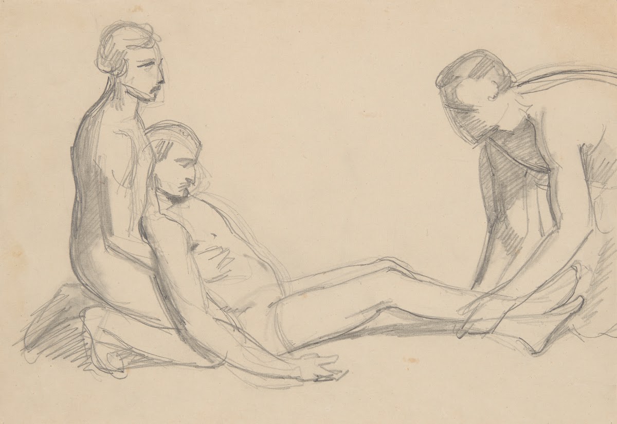 Sketch of nude men to the scene with Nicodemus and Joseph of Arimathea supportin