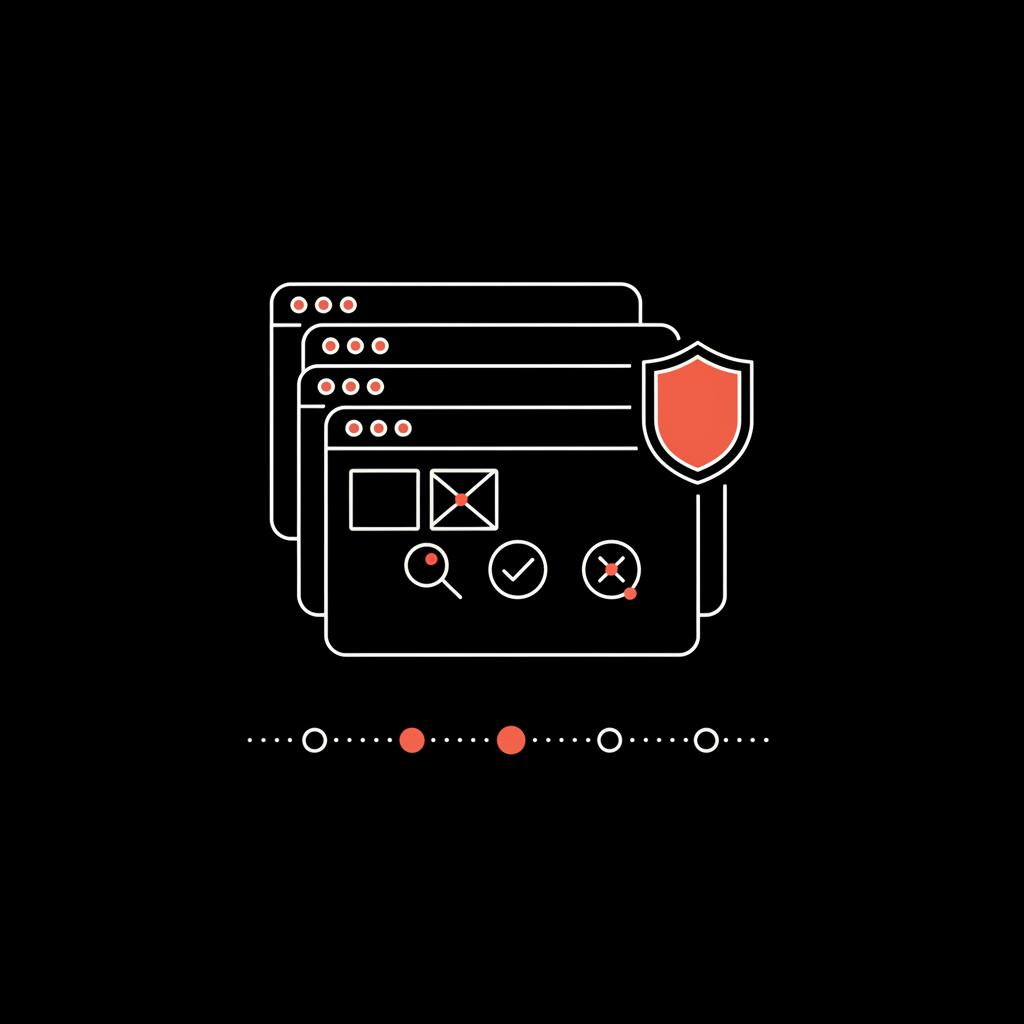 Minimal vector infographic of layered browser windows with a shield icon and dotted timeline, visualizing remove fake review process on a black background.