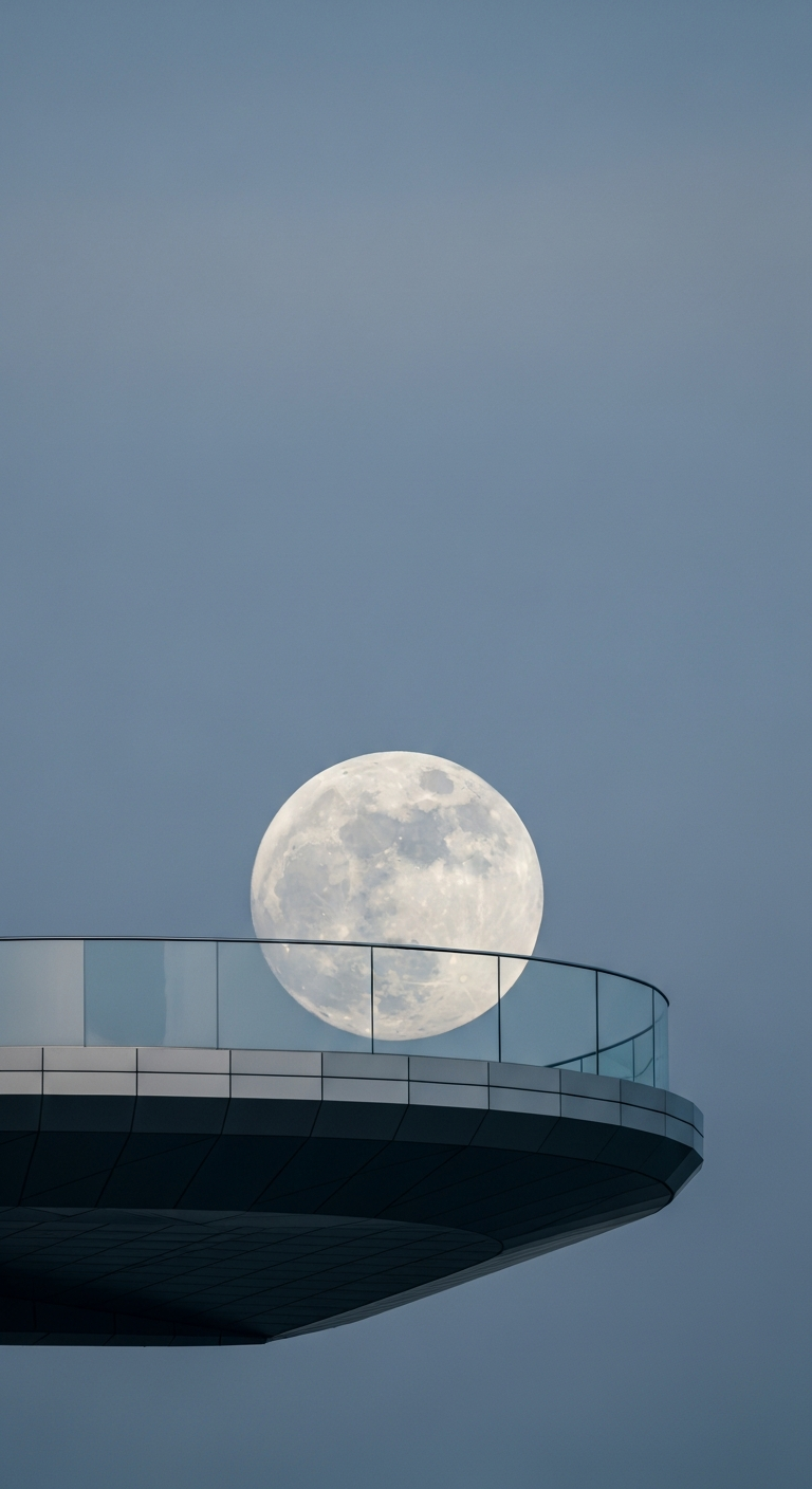 Minimalist View of a Modern Skyscraper Observation Deck Edge Against a Large Full Moon - Free 4K mobile Wallpaper