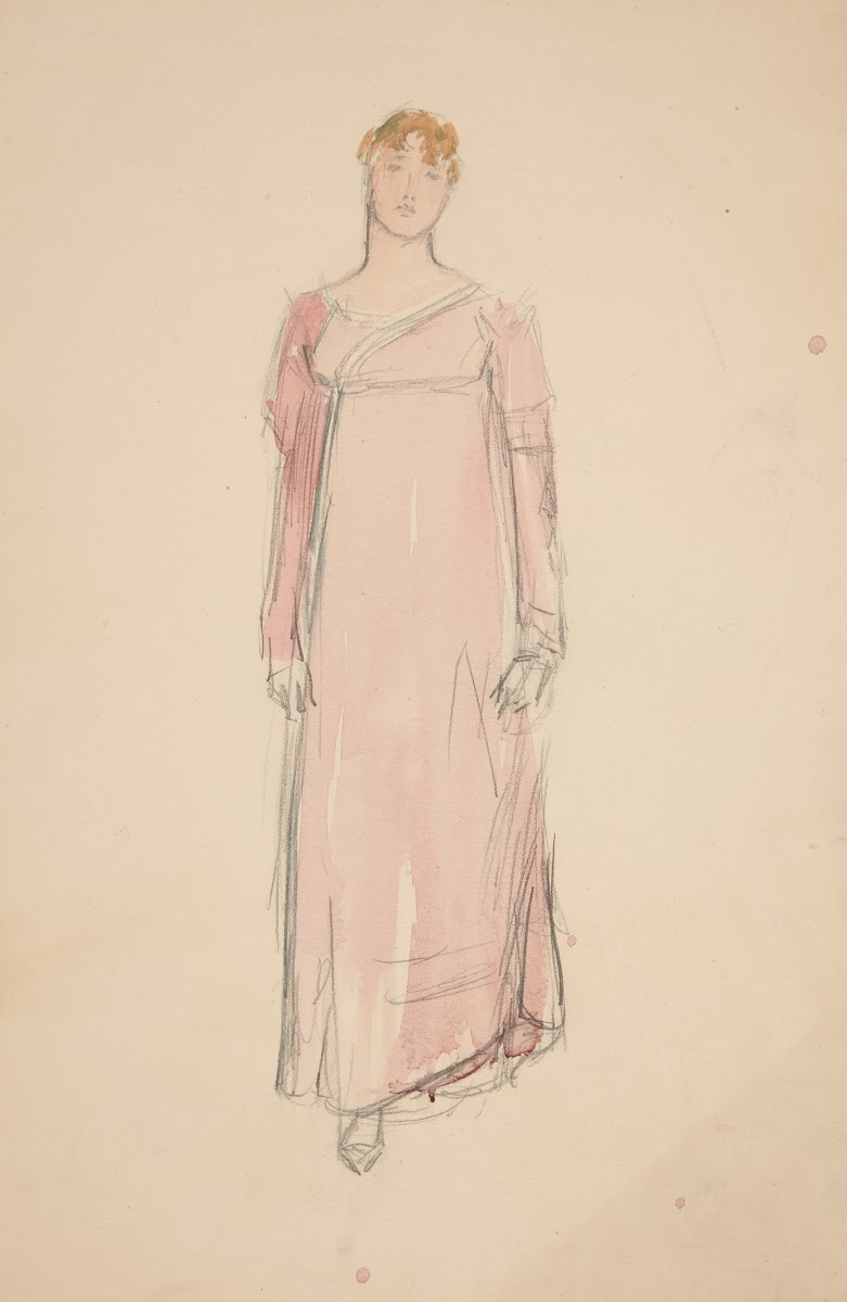 Sketch of a woman in pink  costume study for a play