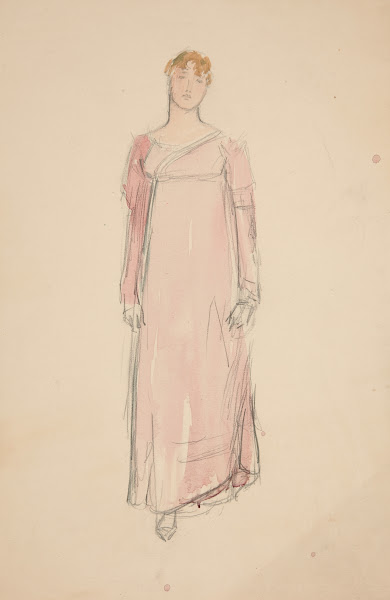 Sketch of a woman in pink  costume study for a play