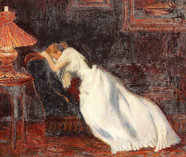 Interiør med pige på en sofa 1899