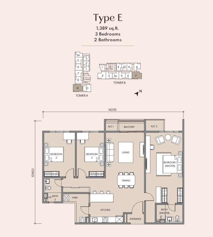 Luminar Residence (Federal Avenue) Type E floor plan — 1389 sq ft, 3 bedrooms