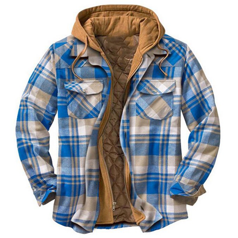 Men's Shirt Jacket, insulated, checkered, with hood