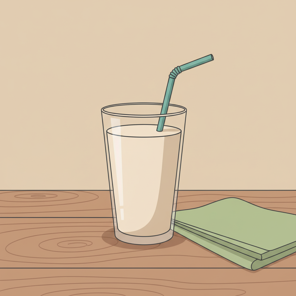 Crunches: Nahaufnahme eines pflanzlichen Proteinshakes im Glas auf rustikalem Holztisch mit salbeigrüner Leinenserviette und dezenten Akzenten in #4A9A9E