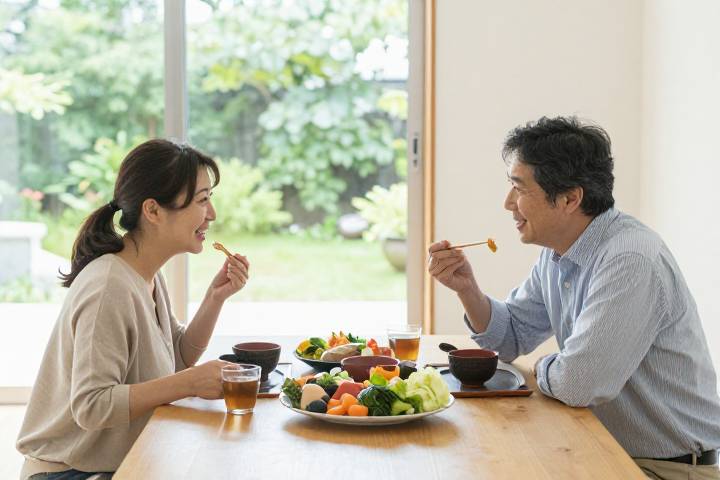 健康的な食事と明るい生活環境を楽しむ日本の熟年夫婦