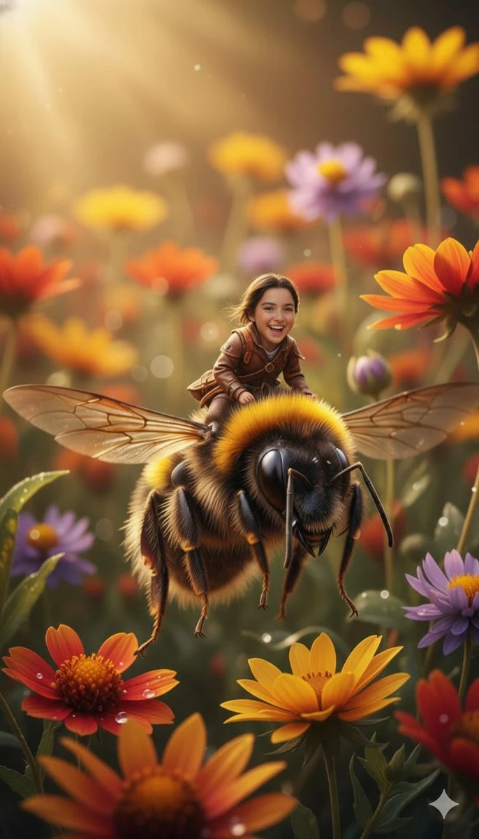 Fotografía macro hiperrealista de alta definición de una niña diminuta sobre una mariquita.