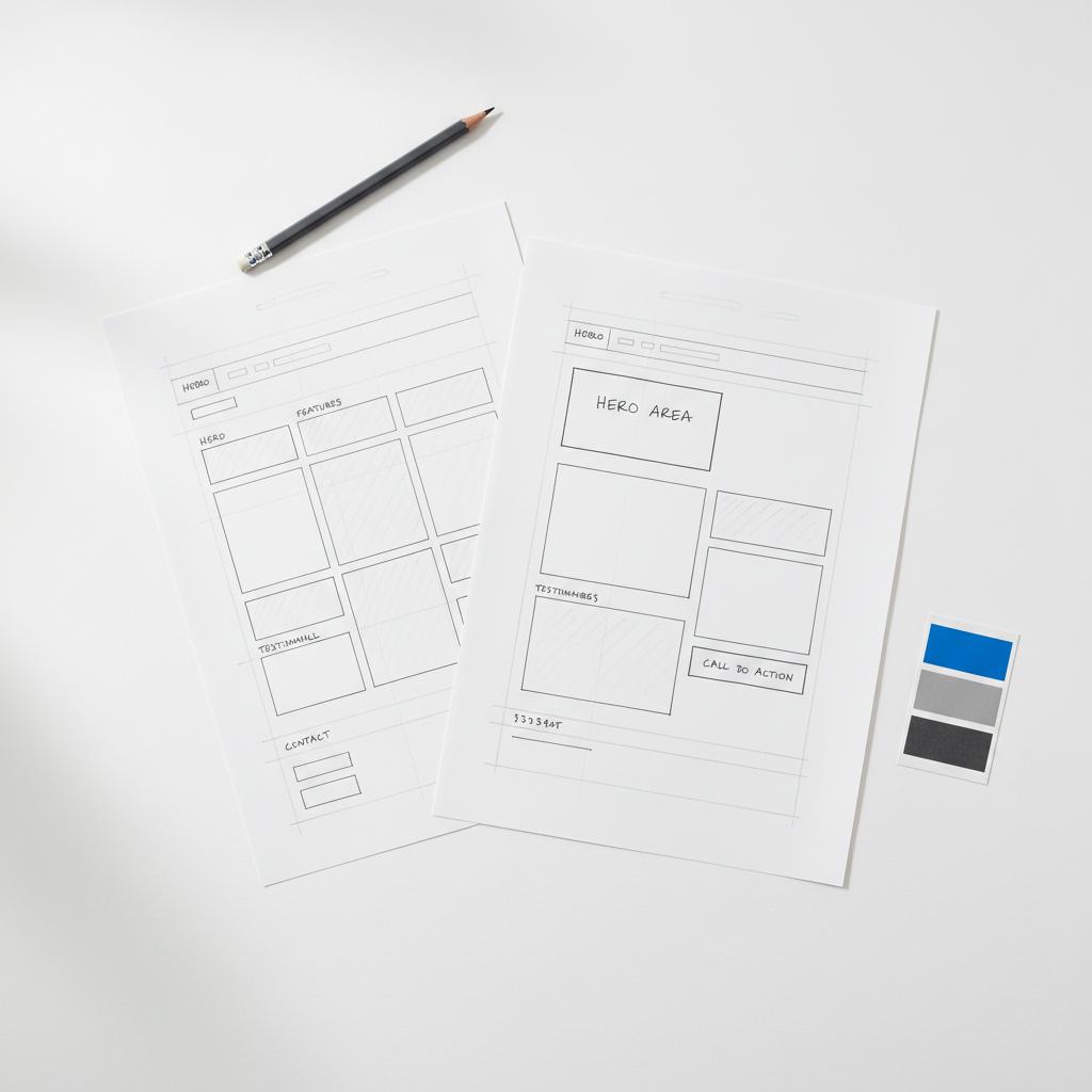 Flat-lay of two hand-sketched browser mockups and a color swatch card showing accent #1a5bfb, minimalist desk comparison illustrating Wix vs GoDaddy layouts