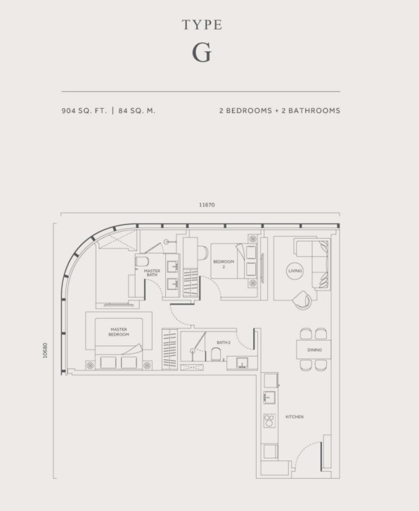 CloutHaus Type G floor plan — 749 sq ft, 2 bedrooms