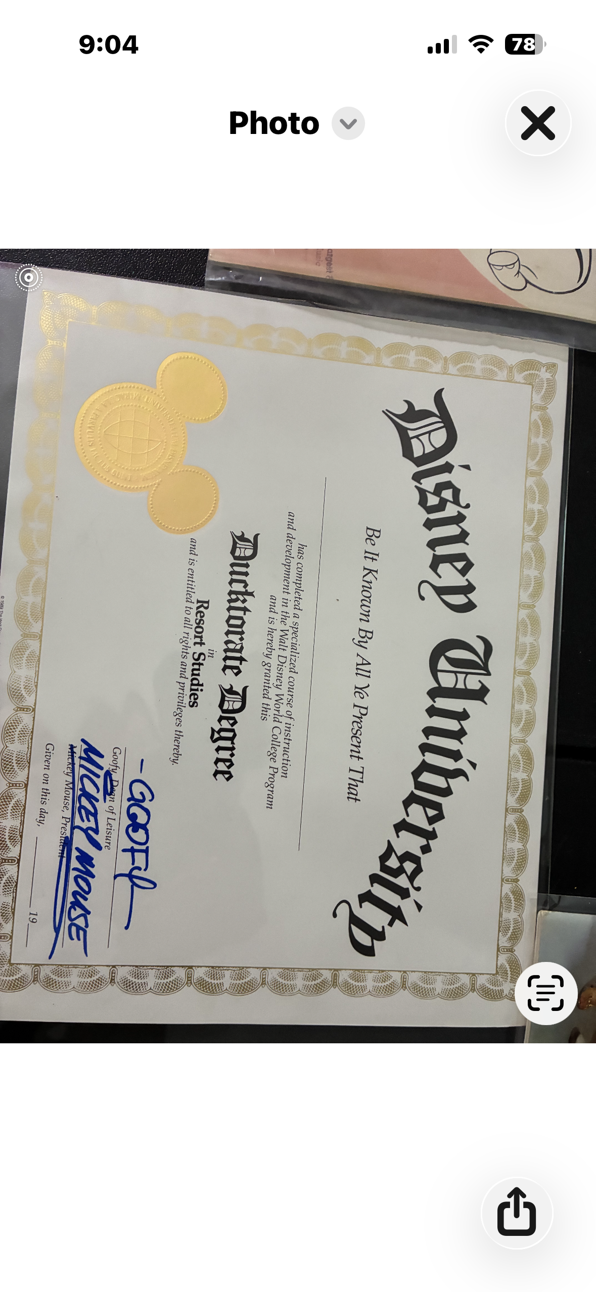 1988 Disney University Ducktorate Degree in Resort Studies blank certificate on cardstock with gold foil Mickey Mouse seal