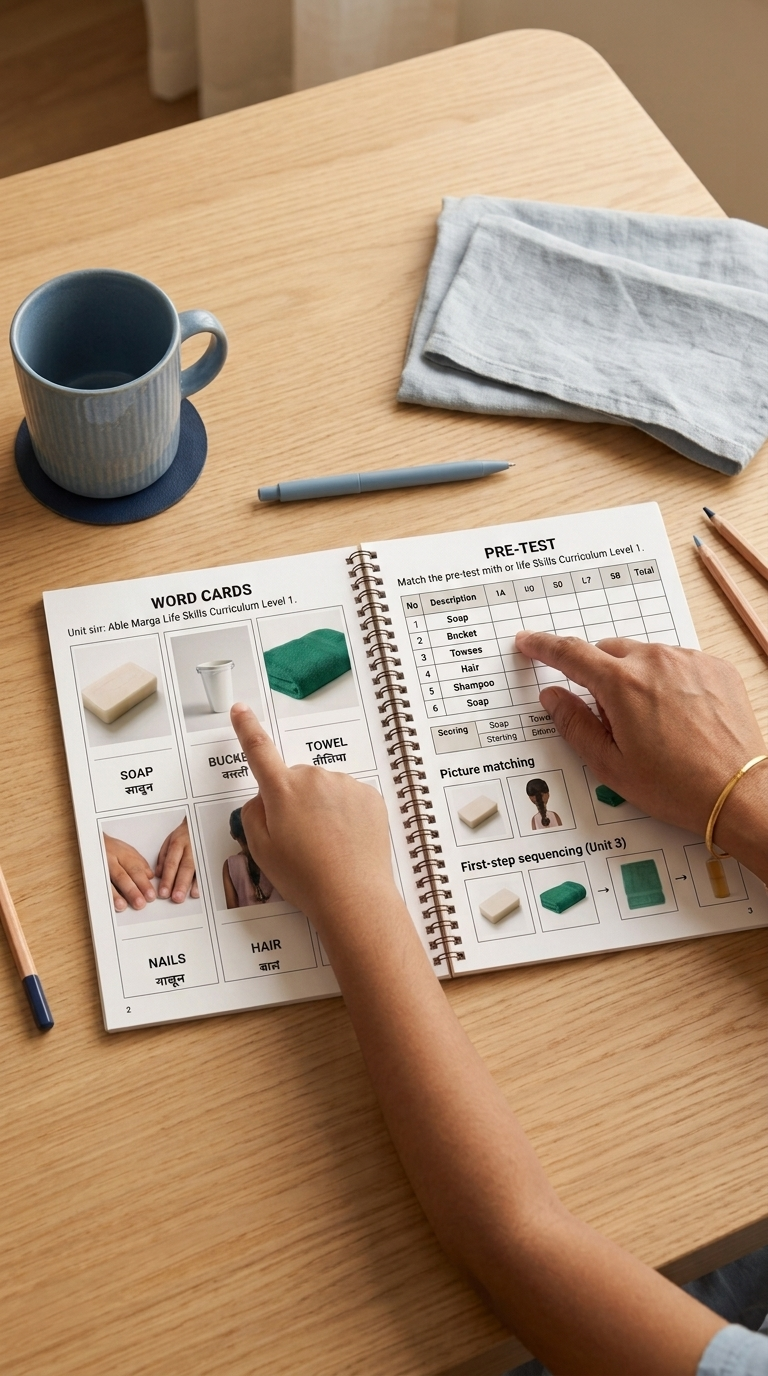 Able Marga Life Skills workbook with visual cards and pre-test material