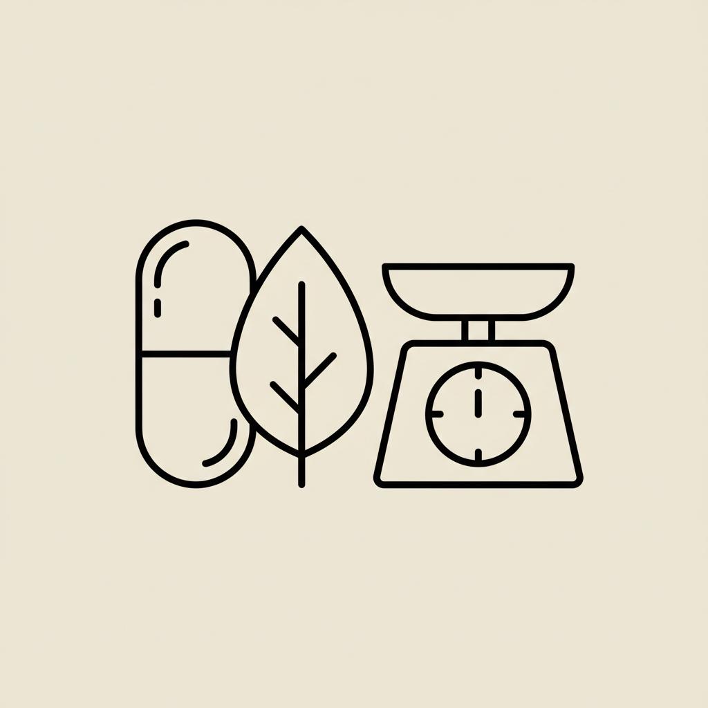 Minimalist Tonum-style line illustration of a capsule, leaf, and small kitchen scale on beige background — does berberine increase weight