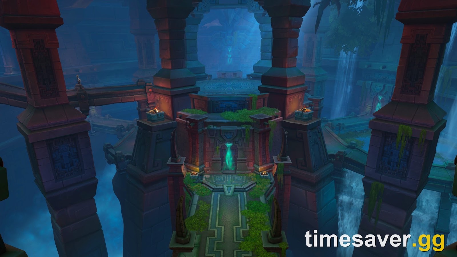 WoW Patch 12.1.5 Labyrinths — a vast blue-lit temple labyrinth with pillars, bridges and a glowing doorway