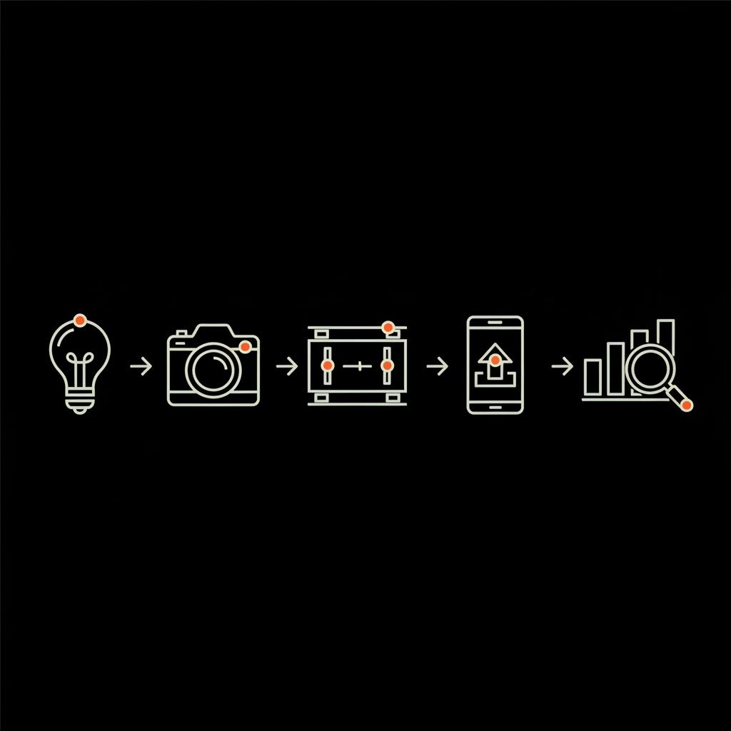Minimal 2D vector infographic showing creator workflow icons (idea→shoot→edit→post→measure) on black background with muted-white icons and orange accents — how many followers to be an influencer on Instagram