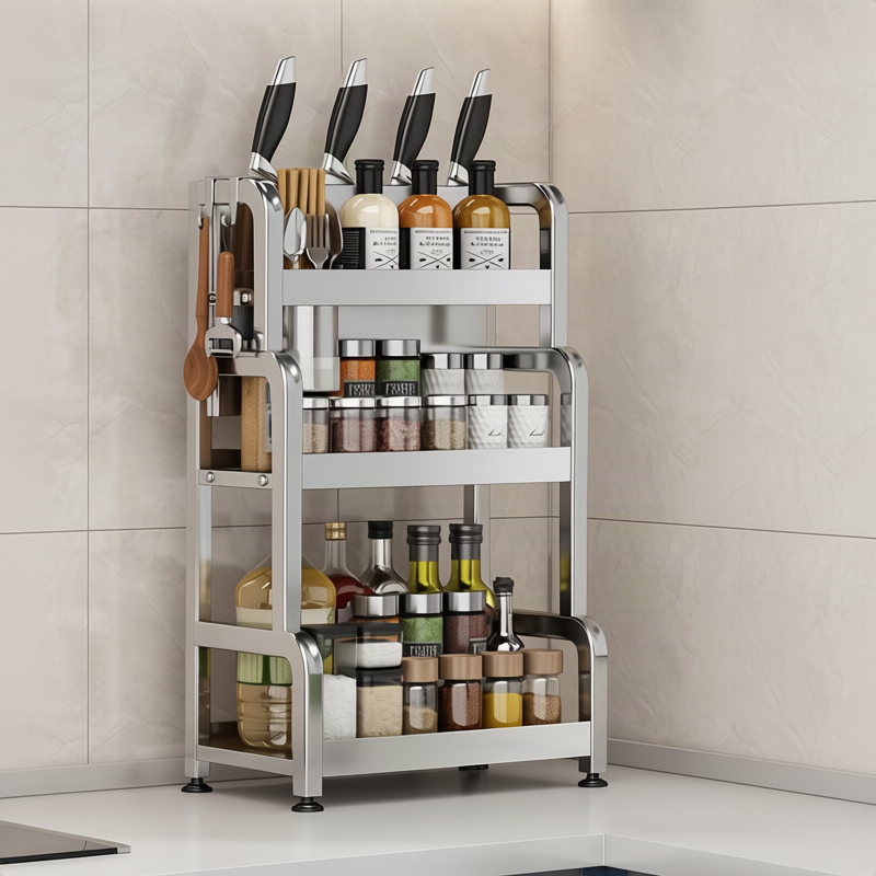 Stainless steel kitchen shelf, multi-tiered, for work surface