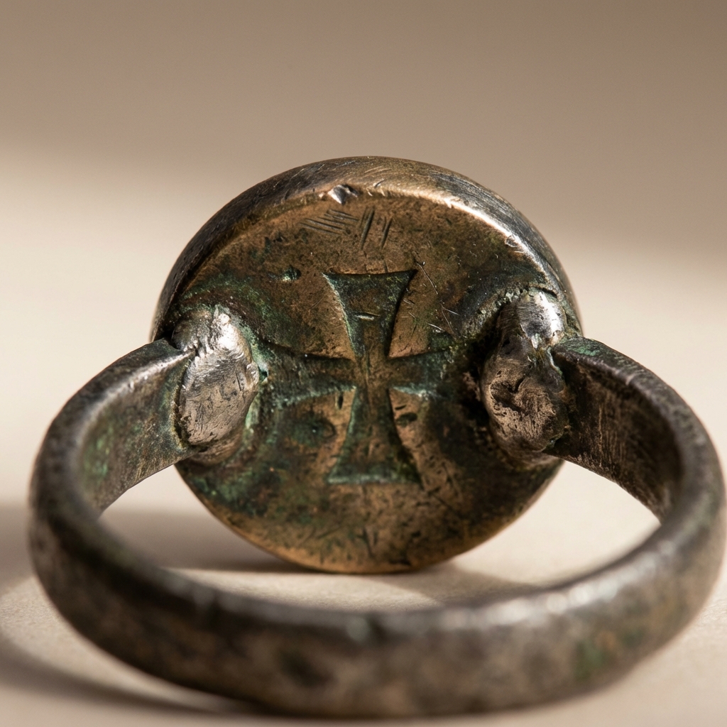Macro close up of an antique knights templar ring bezel showing patina tool marks and solder joins on a warm neutral Aurora Antiqua background