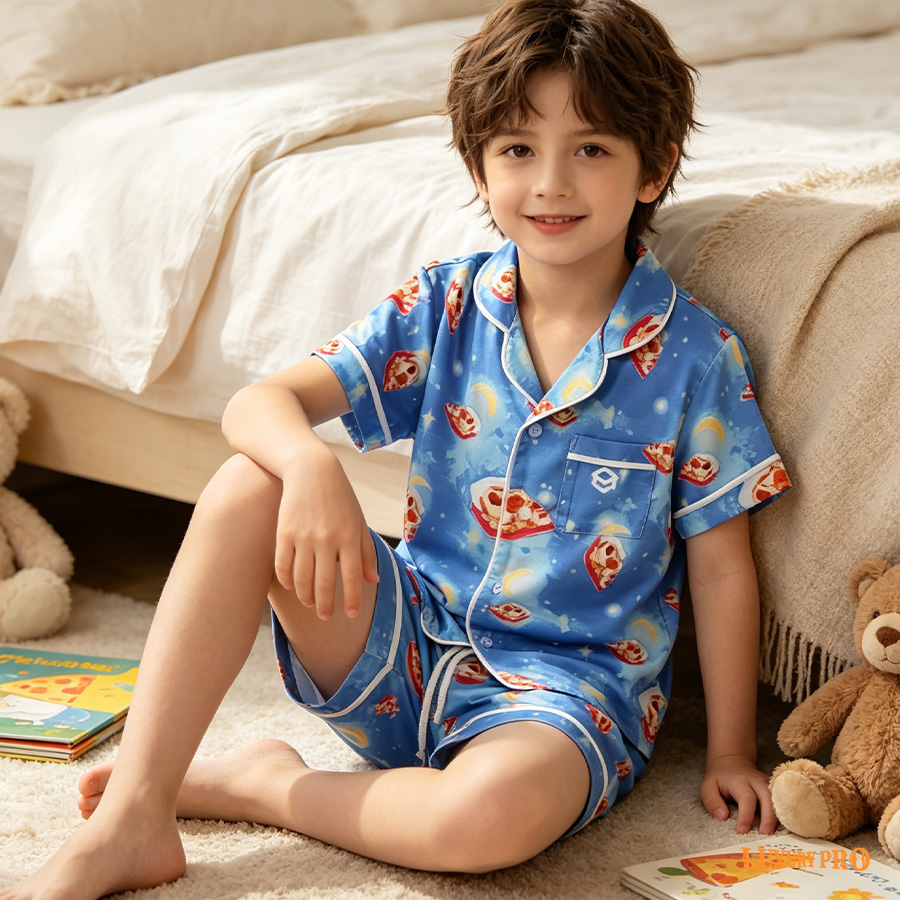 AOP KHU Children's Bordered Short Sleeve Shirt and Pajama Set - No Drawstring