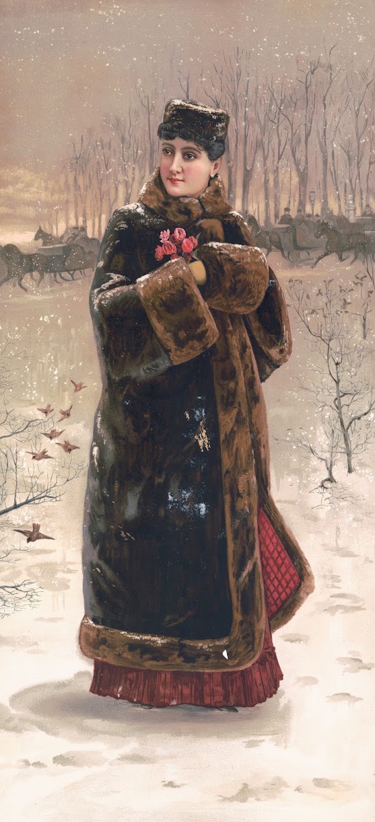 Woman in fur coat with muff 1875
