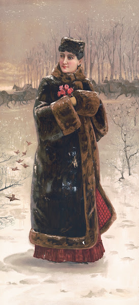 Woman in fur coat with muff 1875