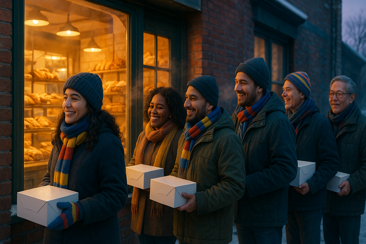 Venezolanos abrigados haciendo cola al amanecer frente a una panadería, sosteniendo cajas de pan de jamón, con vapor en el aire de invierno