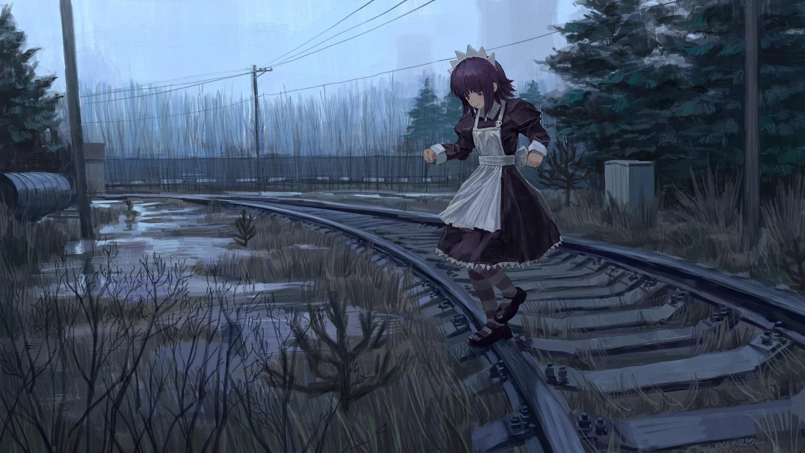 Anime Maid on Railroad Tracks - Digital Anime Art 4K Wallpaper (3840x2160)