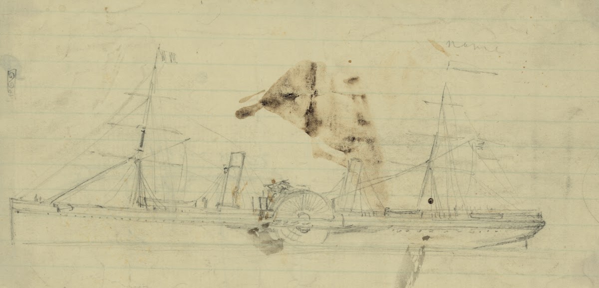 Steamship with sidewheel and two masts 1860 1865