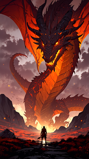 Giant fire dragon looms over lone warrior in volcanic valley - Free mobile Wallpaper