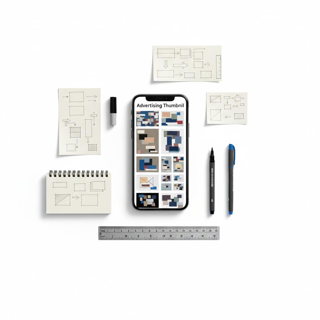 Minimal flat-lay smartphone mockup with ad thumbnails, surrounding notebook sketches, pens and ruler on white background illustrating facebook 20% rule