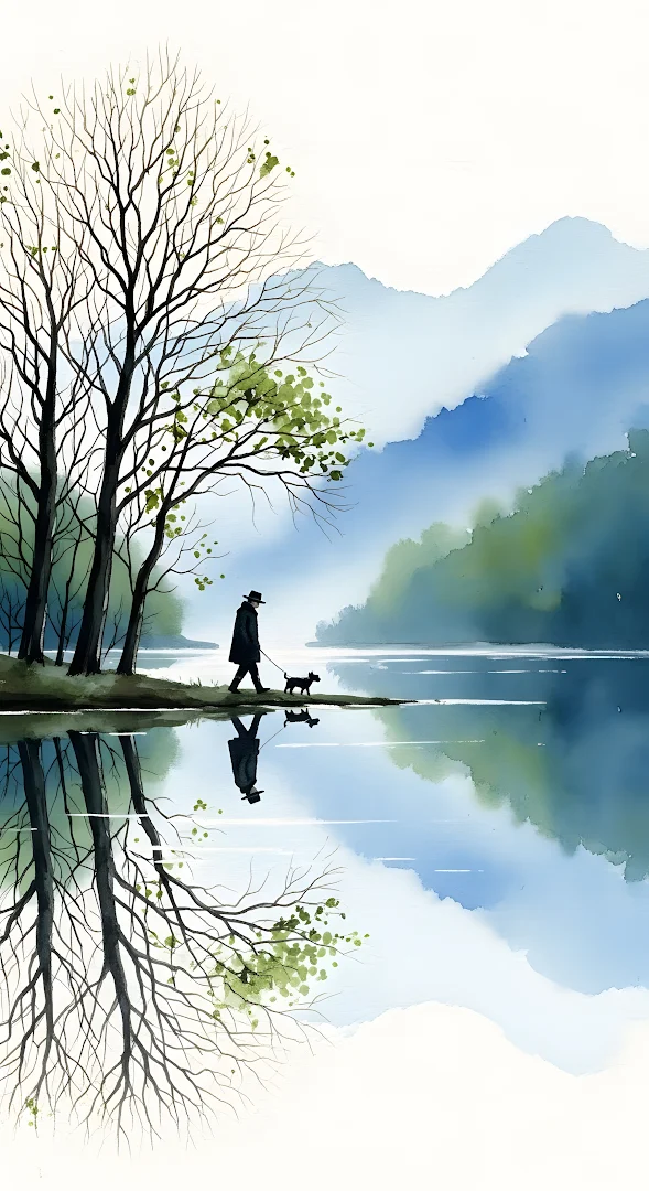 Watercolor Man Dog Walk Misty Lakeside Reflection Art