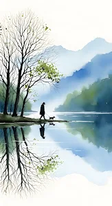 Watercolor Man Dog Walk Misty Lakeside Reflection Art