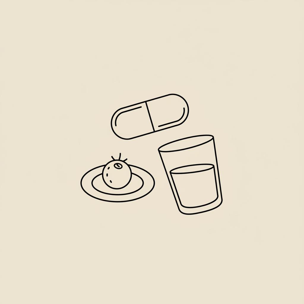 Minimalist Tonum-style line illustration of a capsule, a small plate with a single berry, and a water glass on a flat beige background referencing Lactobacillus gasseri.