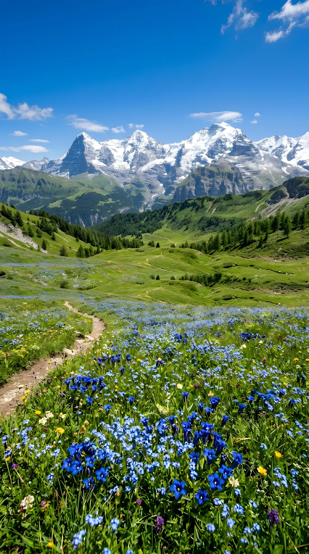 Sunny Alpine Meadow with Blue Wildflowers and Snowy Mountain Peaks - Free 4K mobile Wallpaper