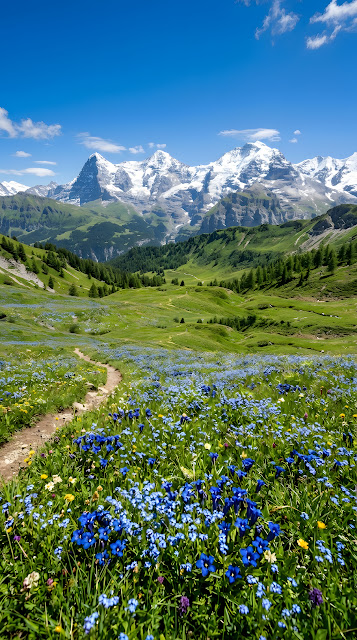Sunny Alpine Meadow with Blue Wildflowers and Snowy Mountain Peaks - Free mobile Wallpaper