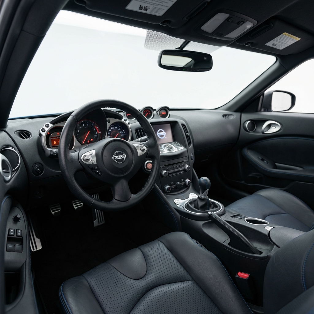 Driver focused interior close up of a nissan 370z for sale showing steering wheel analogue instrument cluster and manual shifter in a minimalist white studio background