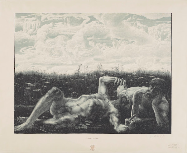 Two Nudes Of Old Men Lying In A Meadow Clouds In The Sky Forming A Line Of Alleg