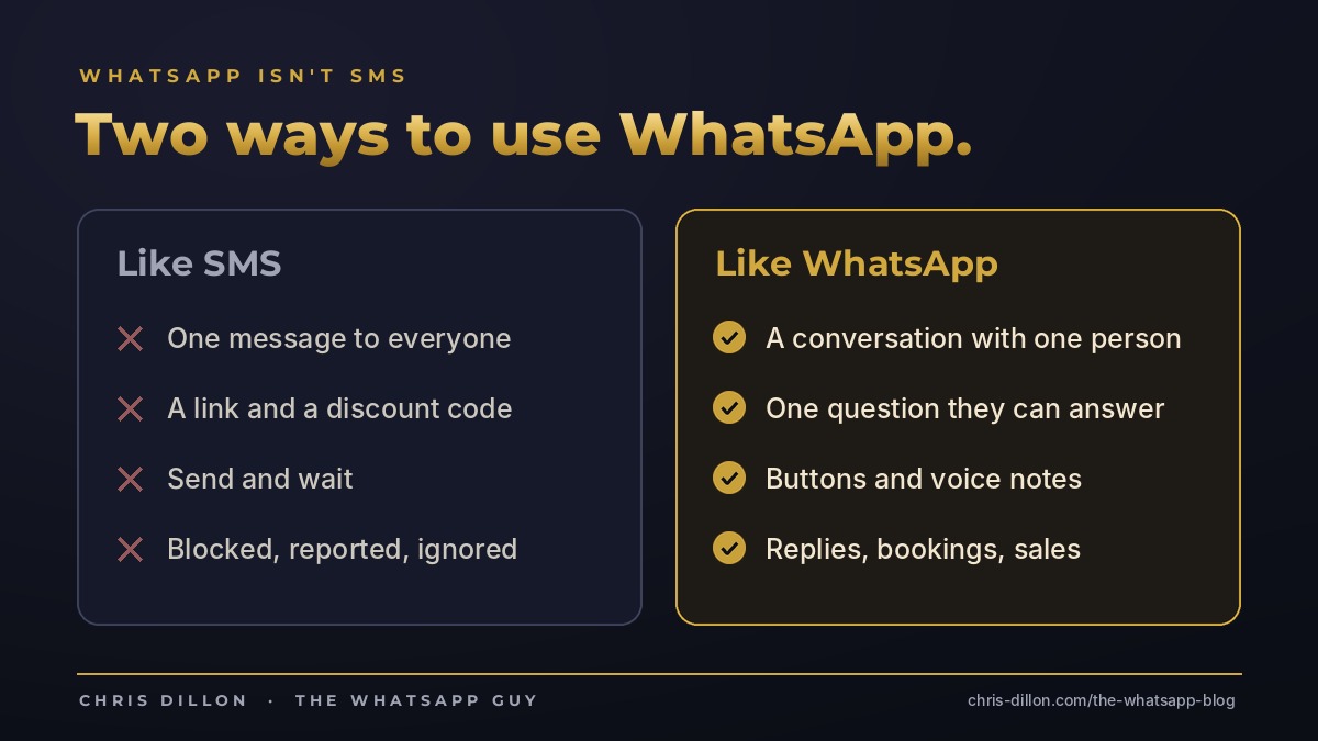 Using WhatsApp like SMS versus using it like WhatsApp: broadcasts and links get blocked, conversations with one question and buttons get replies and sales