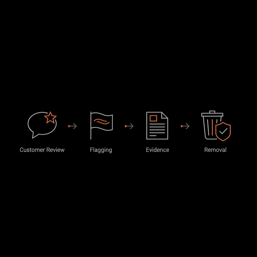 Minimal full-frame infographic showing report-and-review flow: customer review → flagging → evidence → removal, illustrating how to remove negative Google review