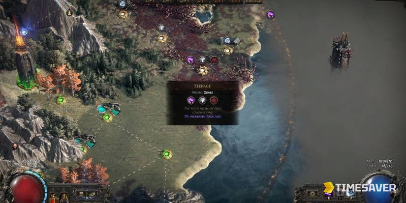 The PoE2 endgame Atlas map showing Breach nodes and a map's Pack Size modifier