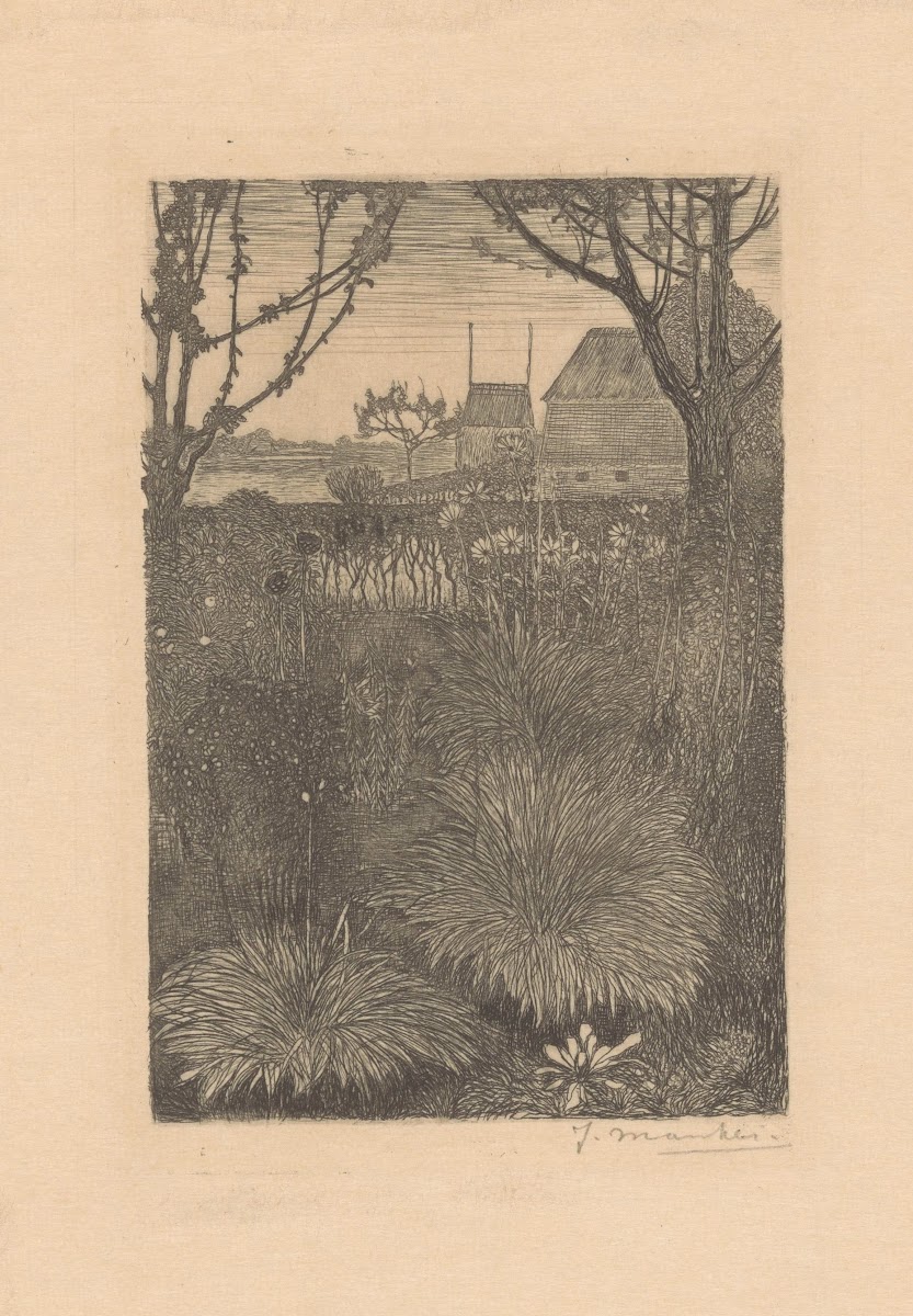 Gezicht op tuin met struiken en zonnebloemen Herfsttuin 1916