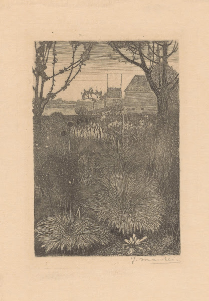 Gezicht op tuin met struiken en zonnebloemen Herfsttuin 1916