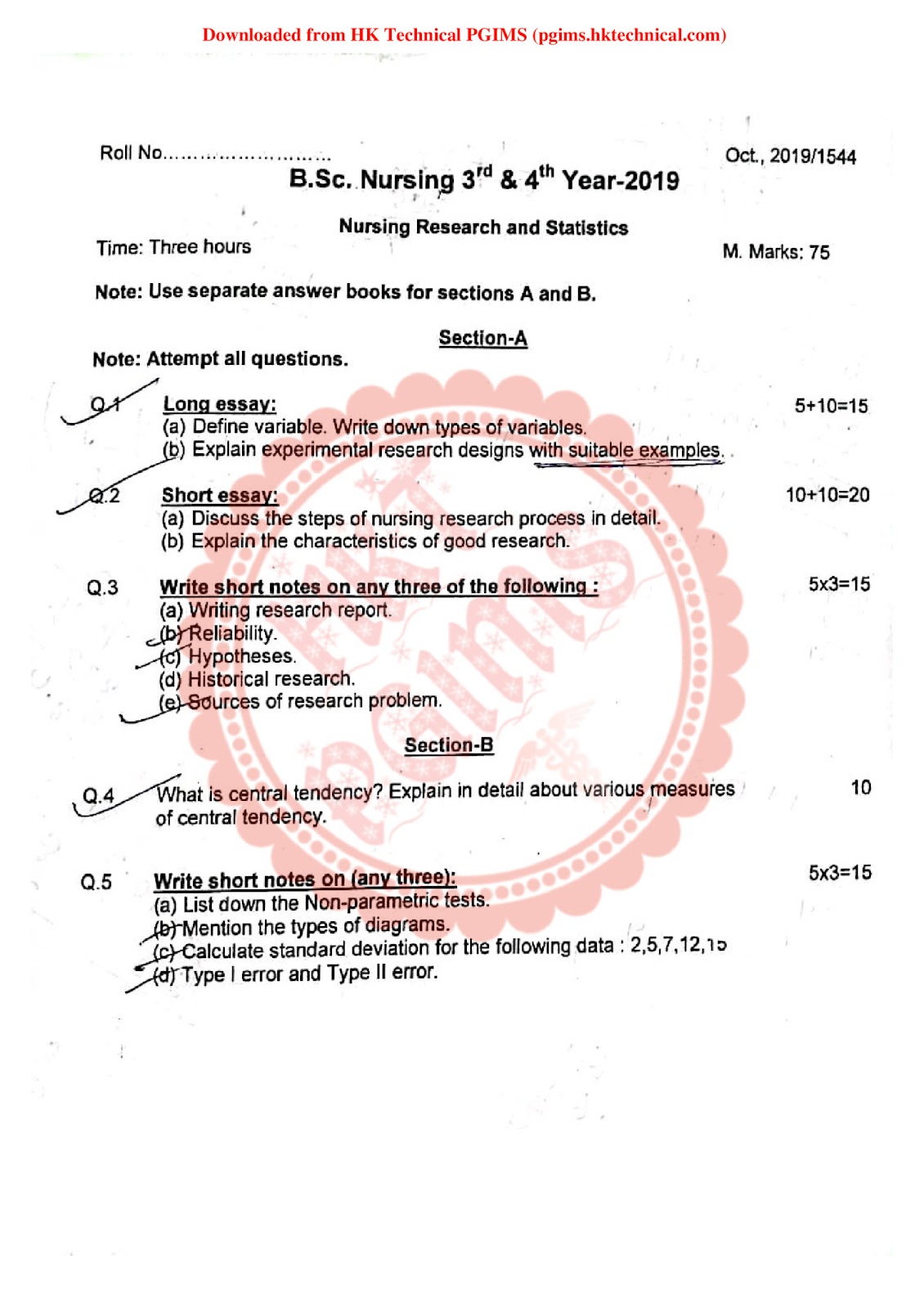 Nursing Research and Statistics Oct. 3rd Year BSc Nursing Previous Year's Question Paper,,Previous Year's Question Papers,PGIMS Question Paper,BSc Nursing,BSc Nursing 3rd Year,